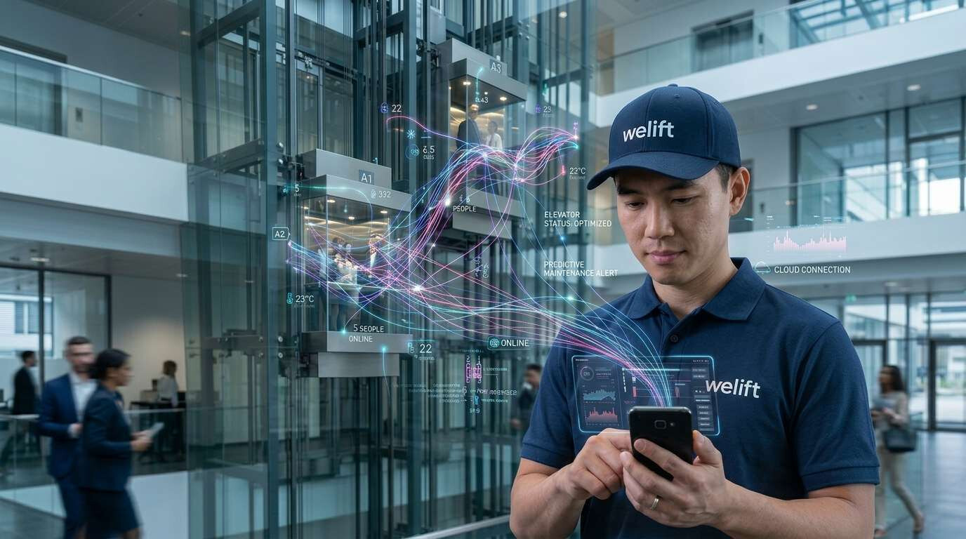 WELIFT technician monitoring lift performance data on a smartphone