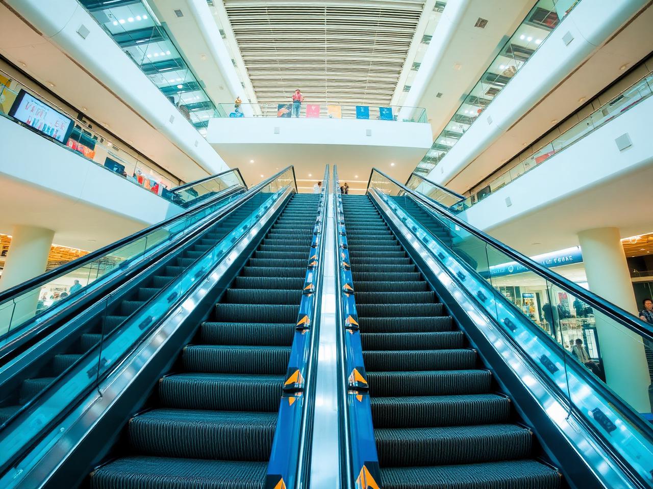 Escalators with glass balustrades and integrated lighting in a busy retail atrium