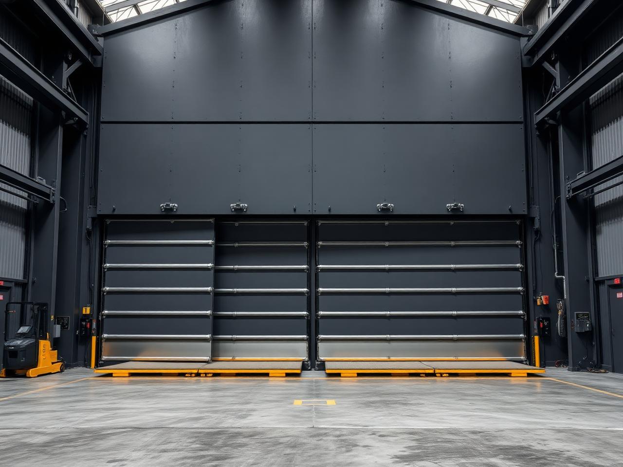 Large freight lift with steel platform doors inside an industrial warehouse