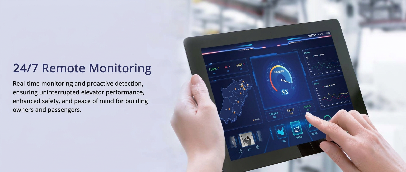WELIFT 24/7 remote monitoring of lift performance on a tablet
